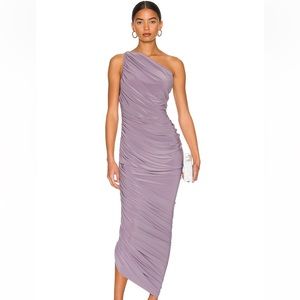 Norma Kamali lavender (“powder puff”) asymmetrical dress